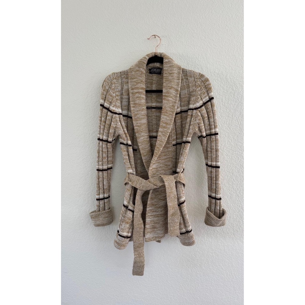 Corliss‎ Vintage Women Knit Cardigan Shawl Collar Belted Pockets Beige Brown
